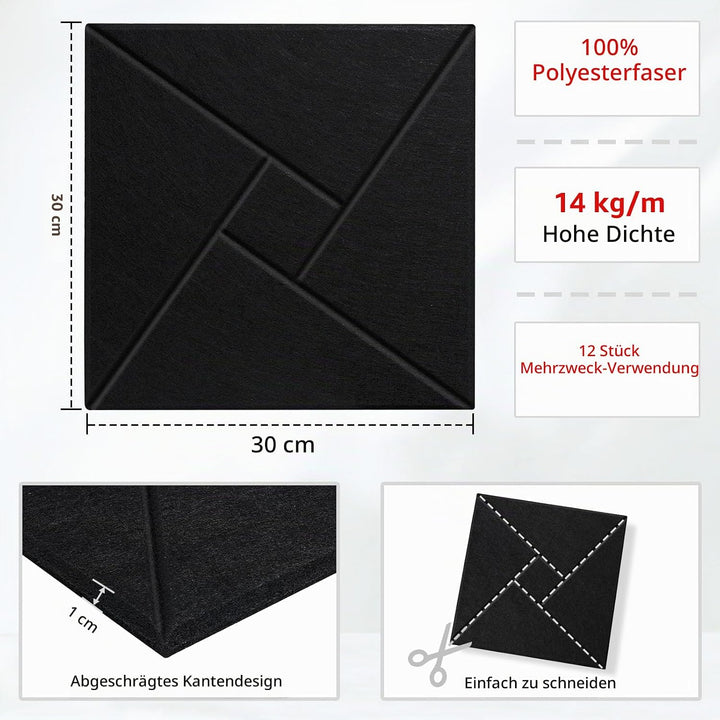 JAMELO Quadratische Akustikplatten Akustikpaneele selbstklebend 12 Stücke, Schallschutzplatten aus H