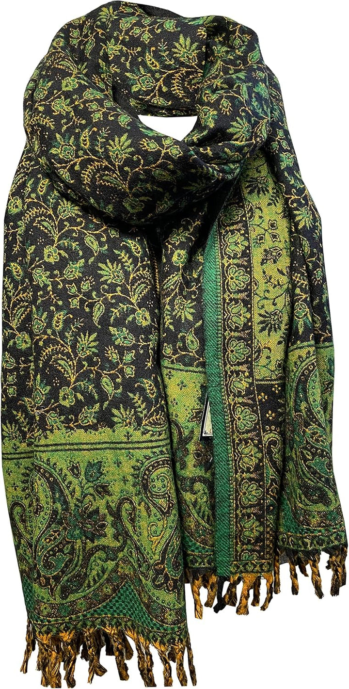 Winterschal aus weicher warmer Wolle, Vintage-Blätterdruck, handgefertigt, luxuriös, Übergrösse, wen