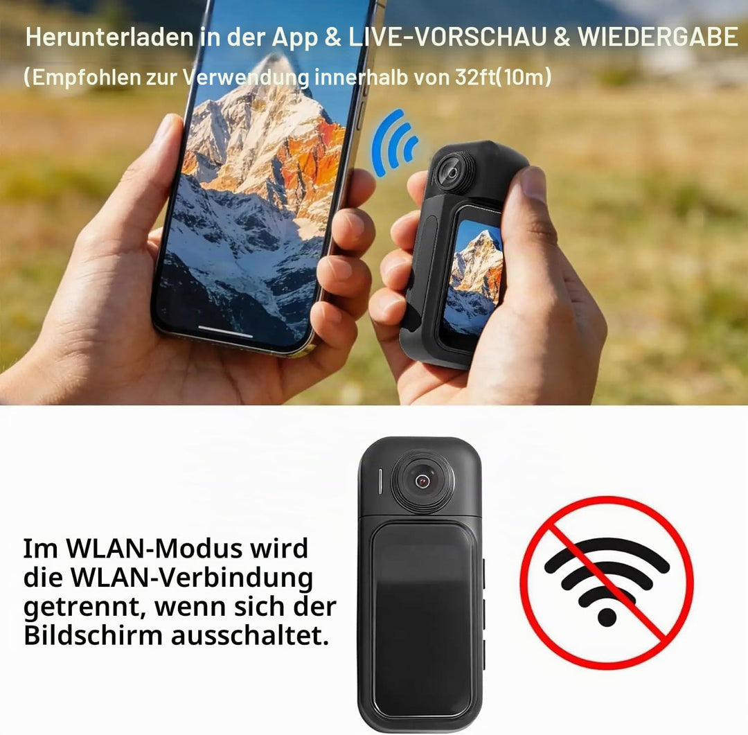 4K Mini Action Kamera WLAN, Daumengrösse mit 1,47” Touchscreen &amp; 180° Drehbarer Linse, Magnetische B