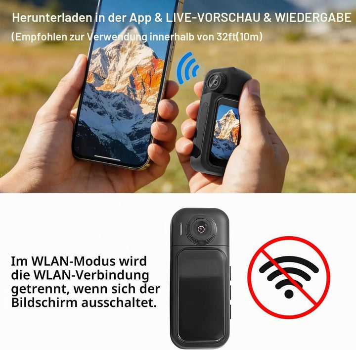 4K Mini Action Kamera WLAN, Daumengrösse mit 1,47” Touchscreen &amp; 180° Drehbarer Linse, Magnetische B