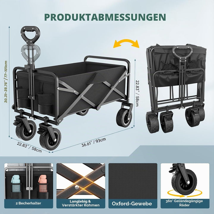 Bollerwagen Faltbar 100L/100KG Tragkraft – mit Bremsen, Handwagen mit Klappbarem Griff &amp; Abnehmbaren