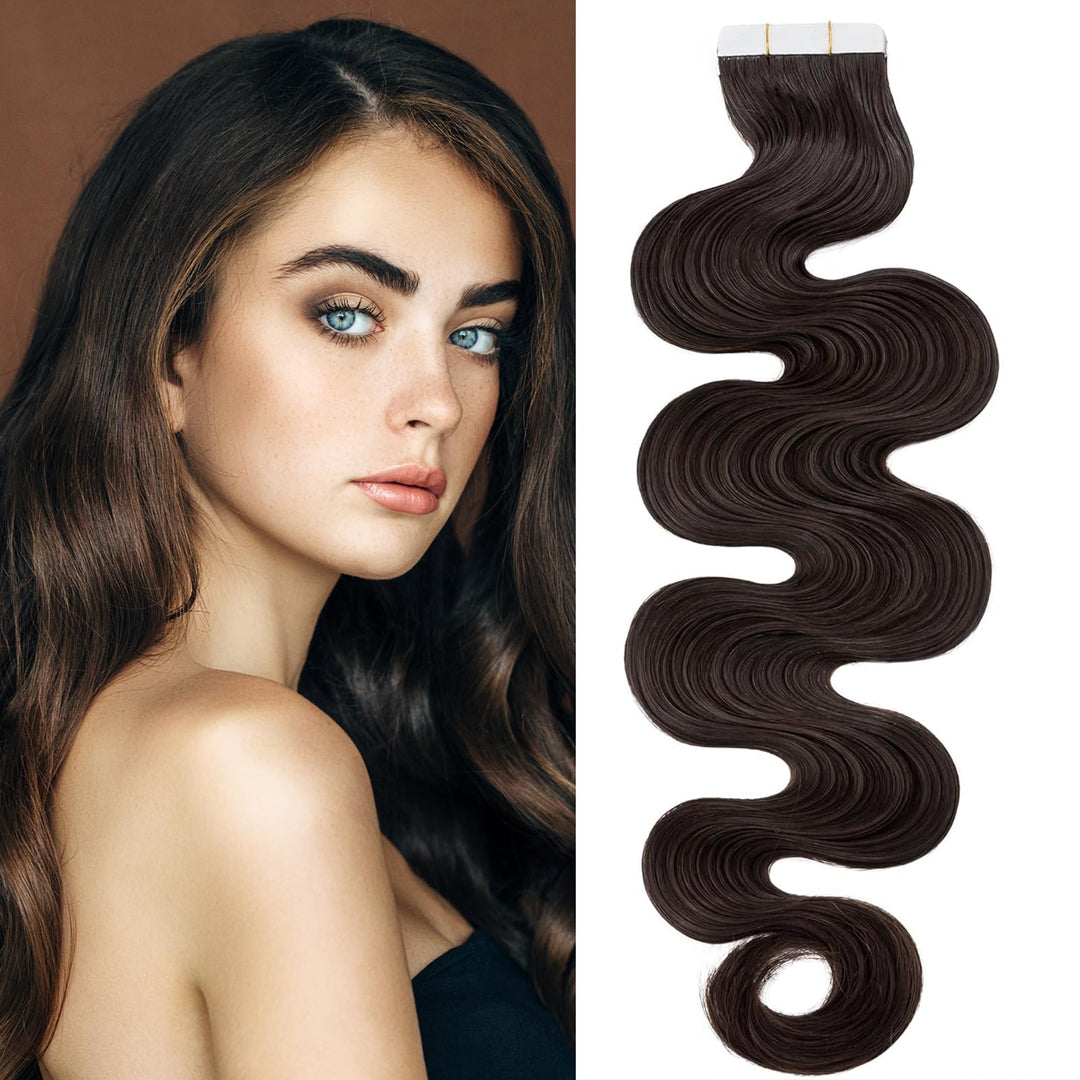 SEGO Tape Extensions Echthaar 20 Pcs Gewellt 40 cm #02 40 cm Dunkelbraun#2, 40 cm Dunkelbraun#2