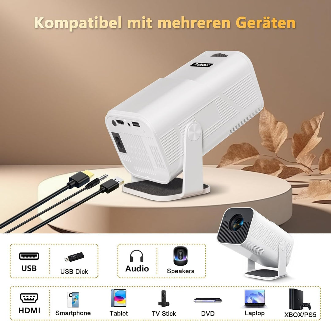 Beamer Mini Projektor mit Android 13 WiFi 6 Bluetooth 5.2 Mini Beamer 4K 1080P Unterstützung Automat