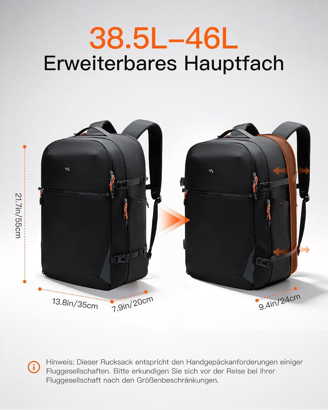 Inateck Leichter Reiserucksack 38.5-46L, Erweiterbarer Handgepäck Rucksack | Spritzwassergeschützt T