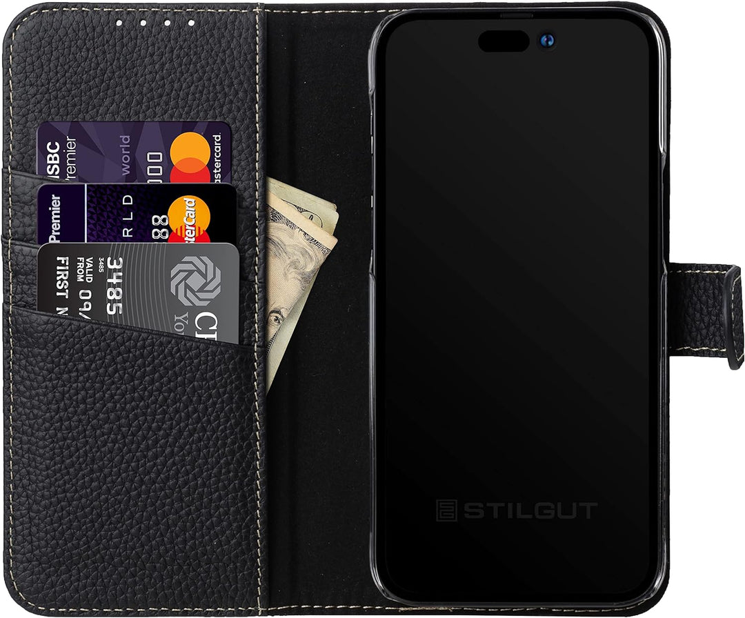 STILGUT Talis kompatibel mit iPhone 14 Plus (6.7") Hülle mit Kartenfach aus Leder, Flip Cover, Handy