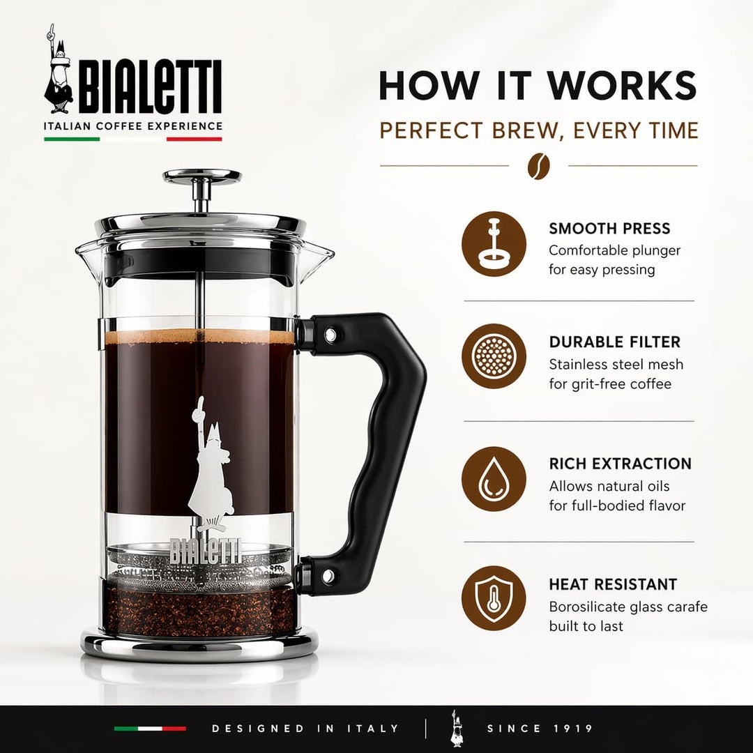 Bialetti Kaffeepresse Preziosa, French Press Filter für Kaffee oder Tee, Gehäuse aus Edelstahl und B
