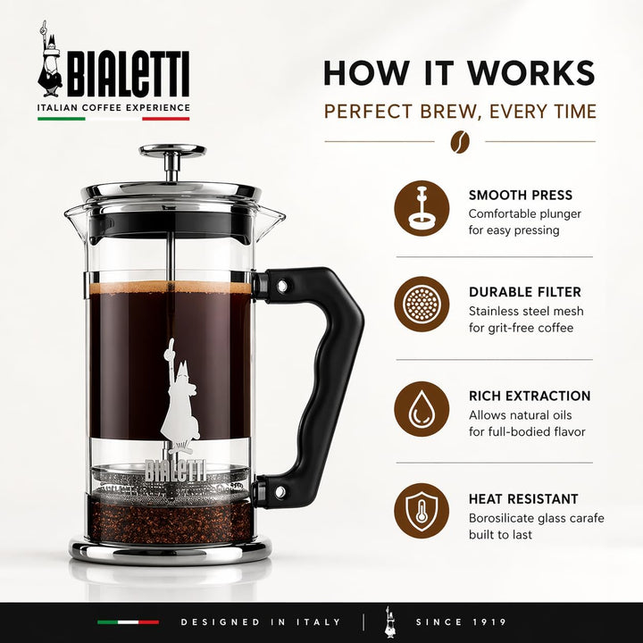 Bialetti Kaffeepresse Preziosa, French Press Filter für Kaffee oder Tee, Gehäuse aus Edelstahl und B