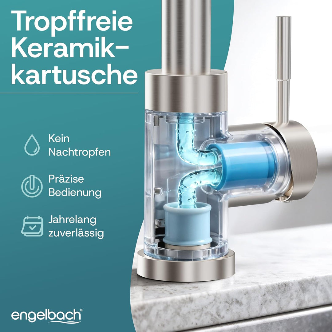 Engelbach® Wasserhahn Küche - ausziehbar & 360 Grad schwenkbar für maximale Reichweite - 304 Edelsta