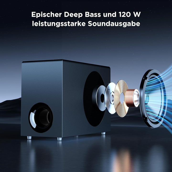 GarageRock Soundbar mit Subwoofer für TV Geräte, 120W 2-in-1 Soundbar TV Heimkino Soundsystem, 1 Set