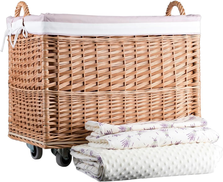 e-wicker24 Weidenkorb Aufbewahrungskorb rechteckiger Wäschekorb aus Weidengeflecht mit Rollen und St