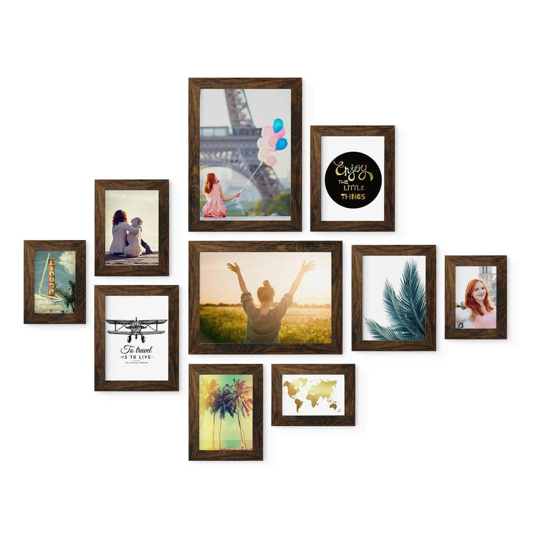 PHOTOLINI dunkle Eiche Bilderrahmen Set Holz MDF, Fotorahmen Set, 10er Bilderrahmenset Wand Collage,