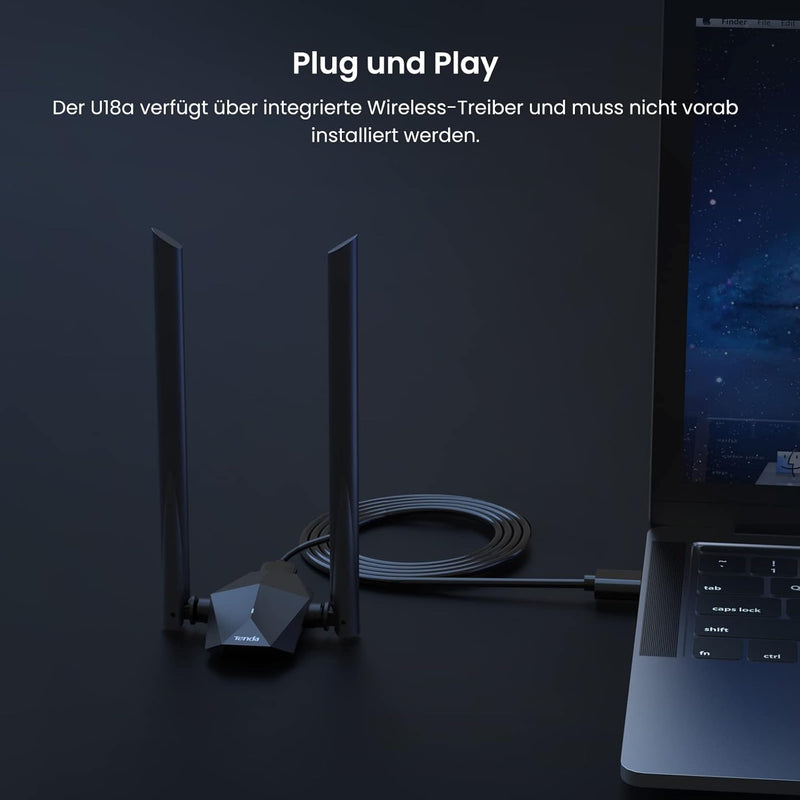 Tenda U18a WiFi 6 WLAN Stick WLAN USB-Adapter(AX1800 Dualband 5GHz:1201 Mbit/s +2,4GHz: 574 Mbit/s)