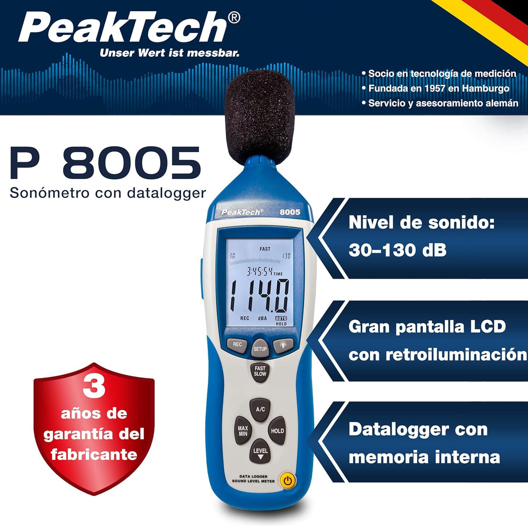 PeakTech 8005 - Schallpegelmessgerät Klasse 2 mit Aufzeichnung (32000 Messwerte), Kalibriert, Schall