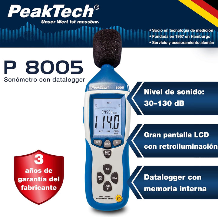 PeakTech 8005 - Schallpegelmessgerät Klasse 2 mit Aufzeichnung (32000 Messwerte), Kalibriert, Schall