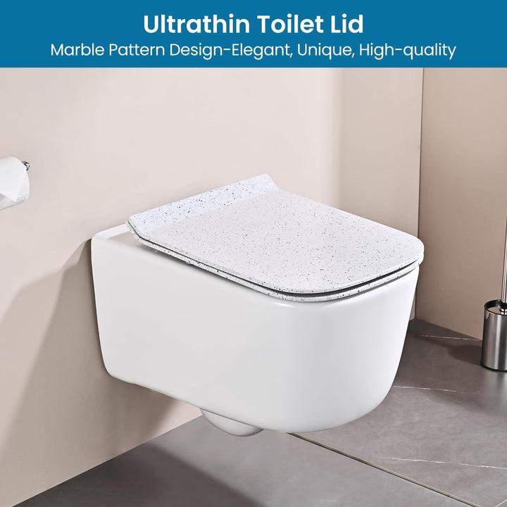 WC Sitz mit Absenkautomatik, Toilettendeckel Eckig Form, Klodeckel Weiss Marmor, Klobrille Softclose