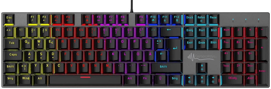 GeneralKeys Gamer Tastatur: Mechanische Metall-Gaming-Tastatur, buntes Licht, Anti-Ghosting, IP45 (B