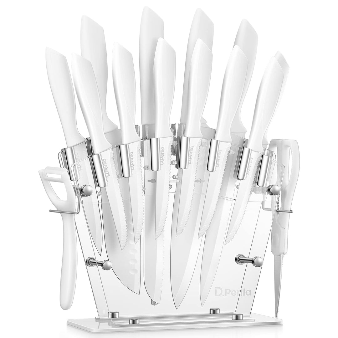 D.Perlla Messerblock, 16-TLG Messer set, Weiss Antihaft-Beschichtung Messer mit Acryl Messerhalter,
