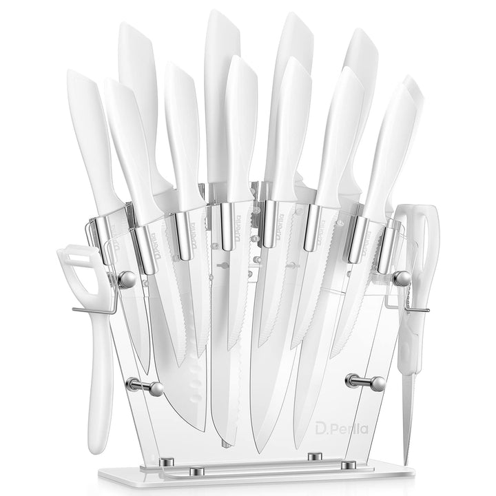 D.Perlla Messerblock, 16-TLG Messer set, Weiss Antihaft-Beschichtung Messer mit Acryl Messerhalter,
