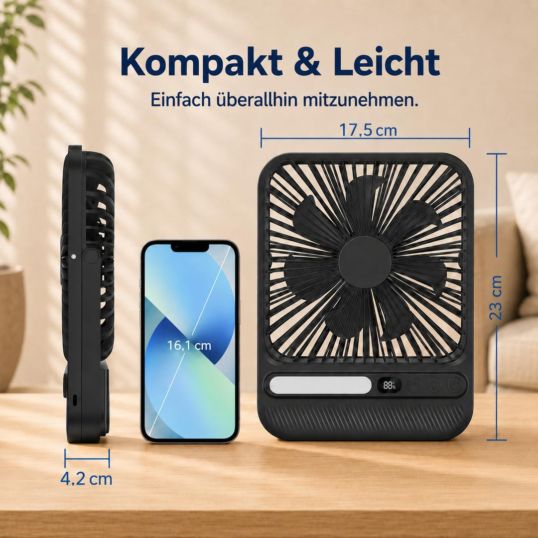 Akku Ventilator, 7 Zoll, 10000mAh, 4 Geschwindigkeiten | Ultraflach, leise und tragbar, mit Display,
