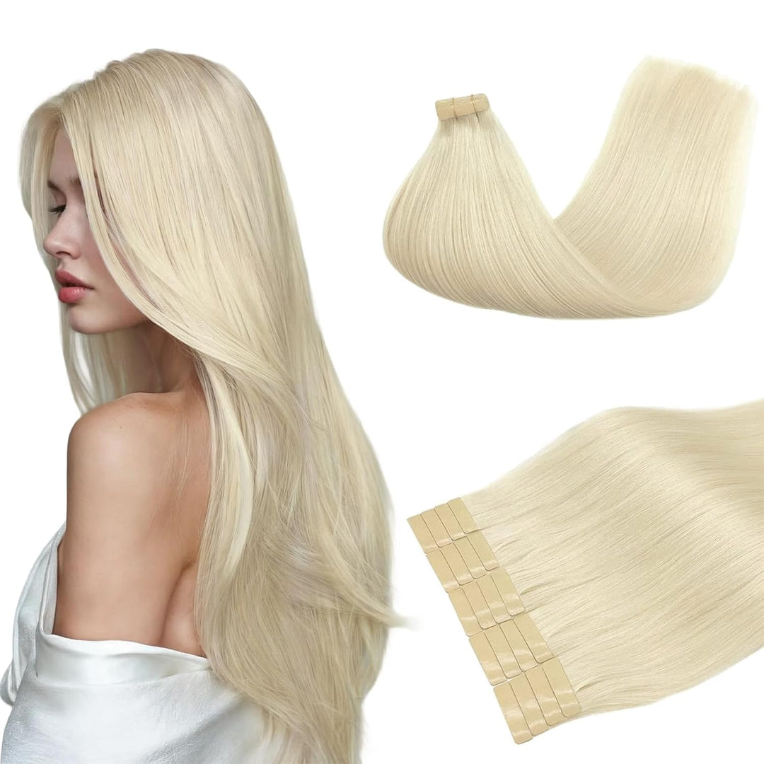 DOORES Echthaar Tape Extensions Remy Haar Tape, Platinblond 35cm (14zoll) 50g 20pcs, Blond Tape Exte