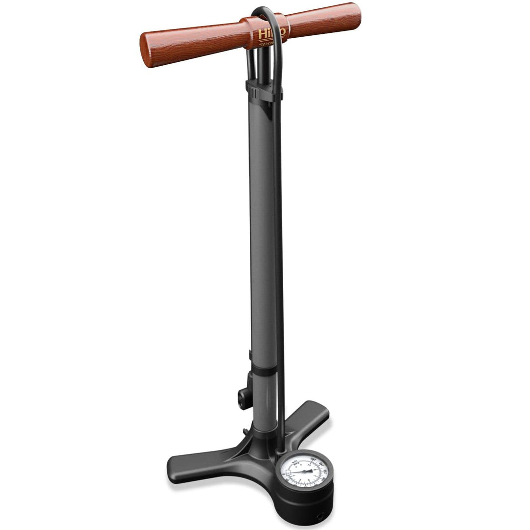 HiLo sports Fahrrad Standpumpe bis 11 bar - [Passt für alle Ventile] - Standluftpumpe mit Holz Griff