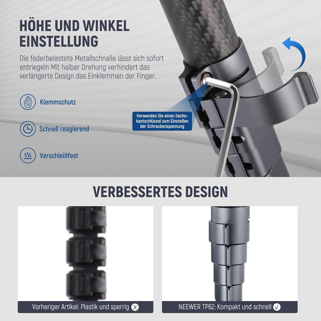 NEEWER LITETRIP LT32 62" Reisestativ aus Kohlefaser mit ±15° nivellierbar 360° Panoramakopf abnehmba