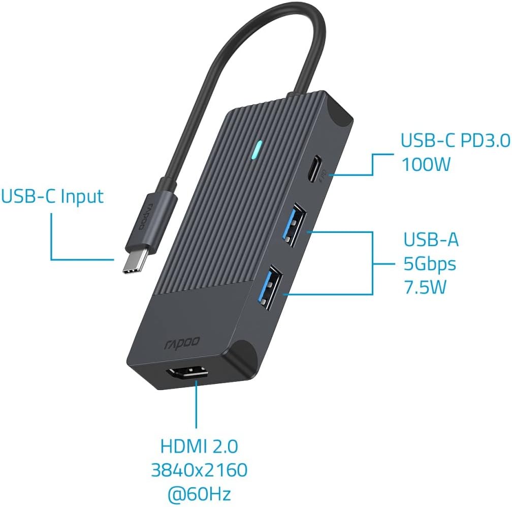 Rapoo UCM-2001 USB-C Multiport Adapter 4-in-1, 100W Power Delievery, 4K HDMI, 2 USB-A 3.0 Datenports