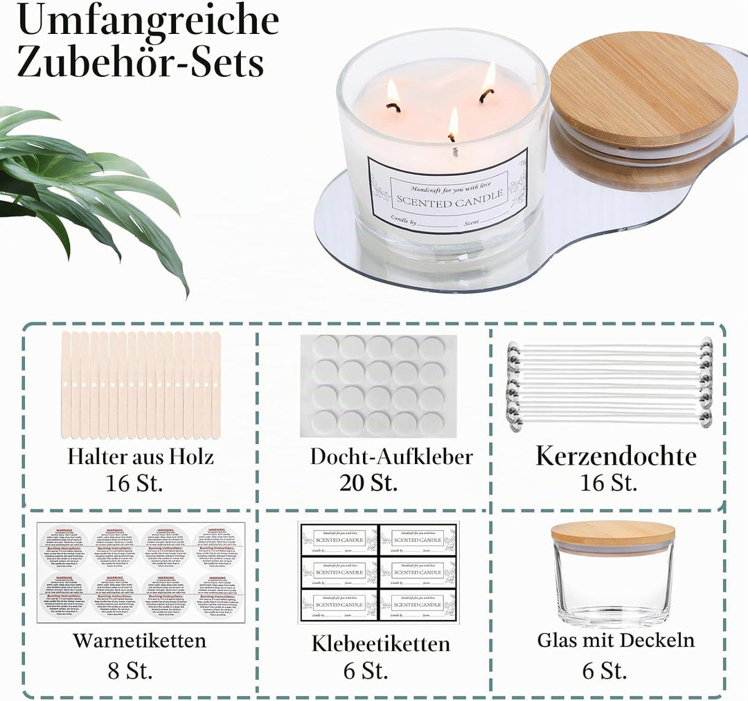 CONNOO Kerzengläser mit 3 Dochten, transparent, leere Glas-Weitöffnung, mit Bambusdeckel, klebrigen