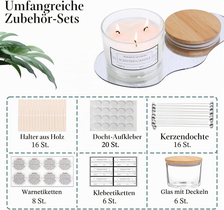 CONNOO Kerzengläser mit 3 Dochten, transparent, leere Glas-Weitöffnung, mit Bambusdeckel, klebrigen