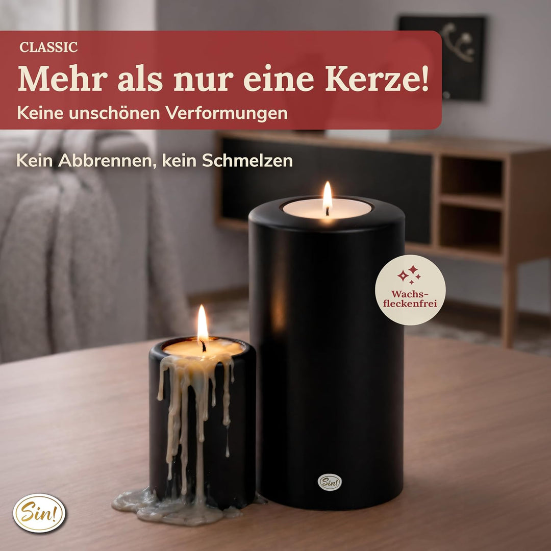 Sin! Teelichthalter Classic schwarz- ∅ 8 cm, Höhe 18 cm -Dauerkerze mit Teelicht in Kerzenform - Tee