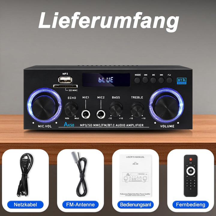 AK50 HiFi-Verstärker Heim-Audio, Stereo-Receiver 400 W Heim-2-Kanal-Bluetooth 5.0-Leistungsverstärke