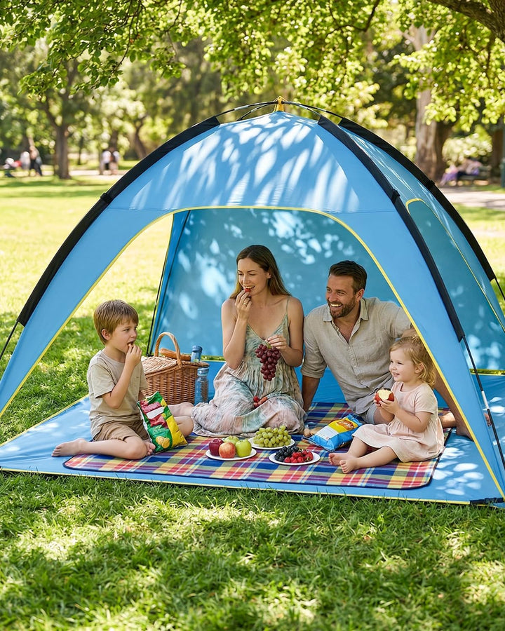 MYMULIKE Strandzelt UV50+ Sonnenschutz, 210x210x130cm 4-6 Personen, 190T Polyester mit 8mm Fiberglas