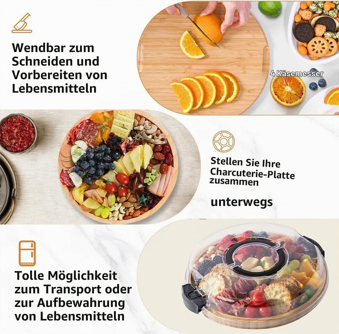 ERNAN Käsebrett mit Deckel für Partys Reisen, Servierplatte mit Fächern Griff für Snacks Fleisch Des