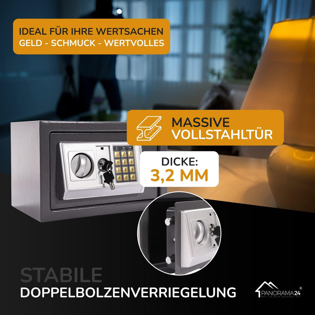 Panorama24 Tresor Safe mit Elektronik-Zahlenschloss 31x20x20cm LED-Anzeige Stahlbolzen, silbergrau,