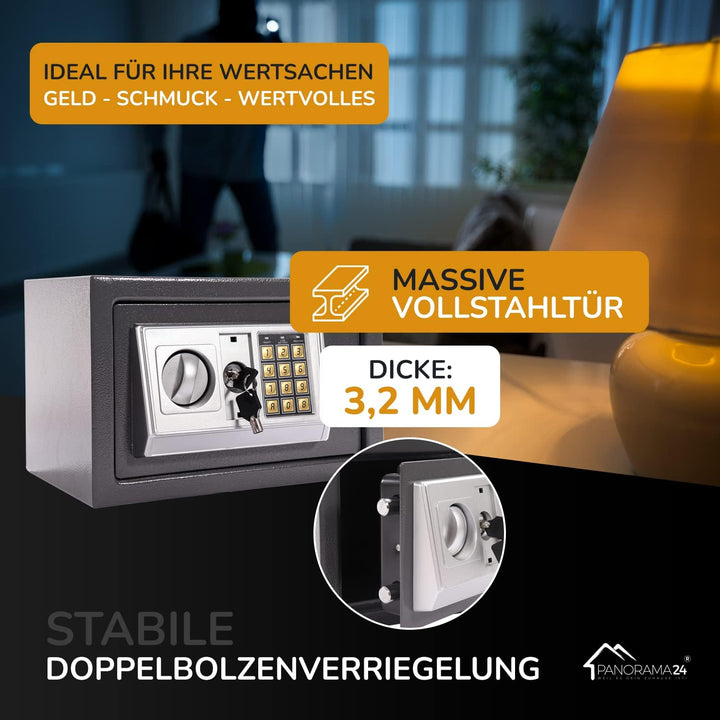 Panorama24 Tresor Safe mit Elektronik-Zahlenschloss 31x20x20cm LED-Anzeige Stahlbolzen, silbergrau,