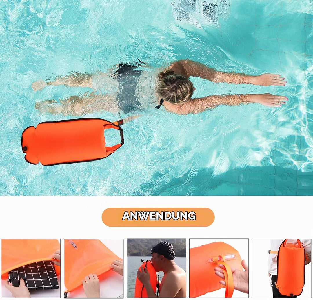 Schwimmboje, 20L Trockensack, Zwei Kammern, Aufblasbare Schwimmhilfe mit Wasserdichter Handytasche,