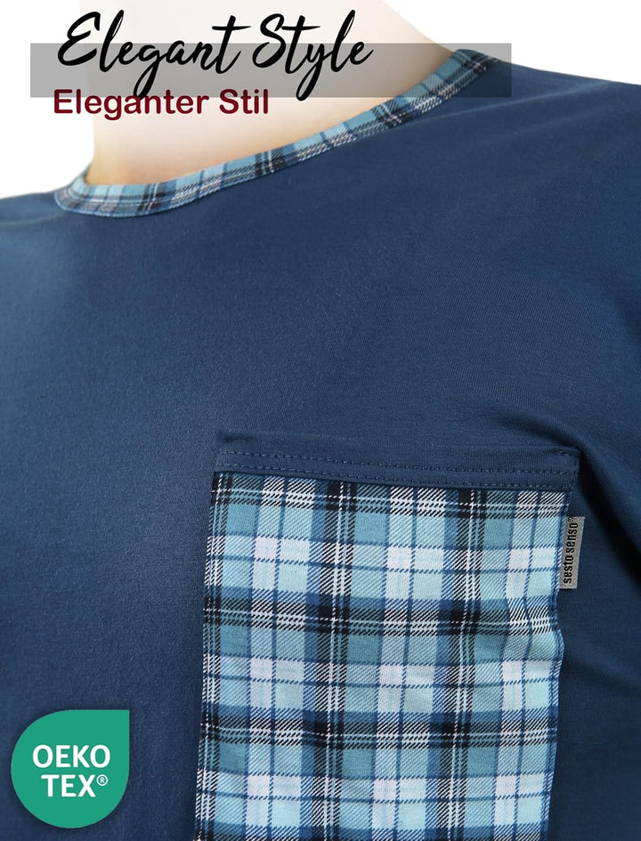 sesto senso Herren Schlafanzug Lang Baumwolle Pyjama Langarm Shirt mit Tasche Pyjamahose Zweiteilig