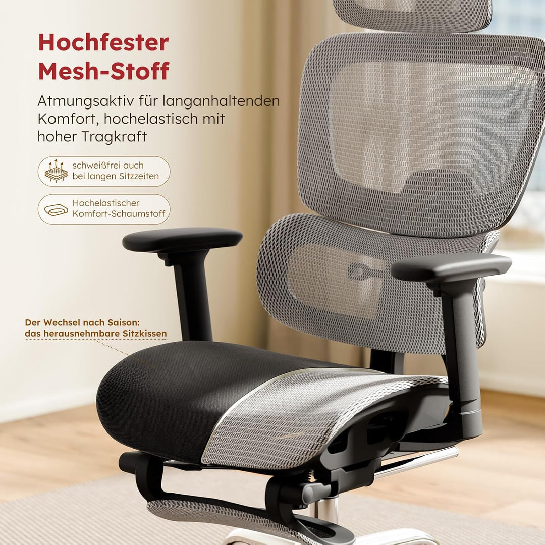 Ergonomischer Bürostuhl Voll-Mesh mit Abnehmbarem Kissen, Fussstütze, Höhenverstellbarem Rückenlehne