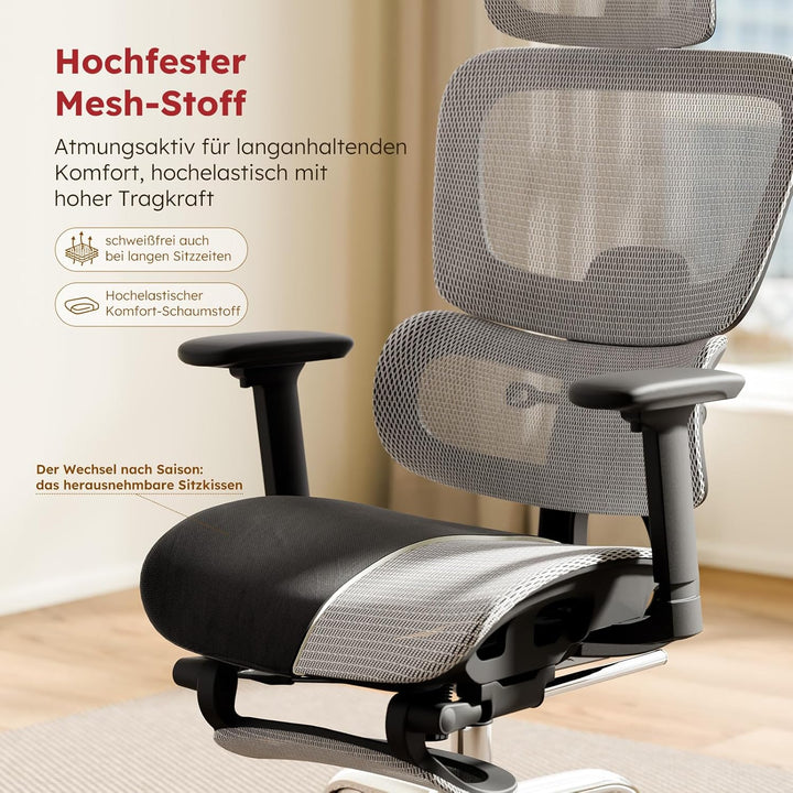 Ergonomischer Bürostuhl Voll-Mesh mit Abnehmbarem Kissen, Fussstütze, Höhenverstellbarem Rückenlehne