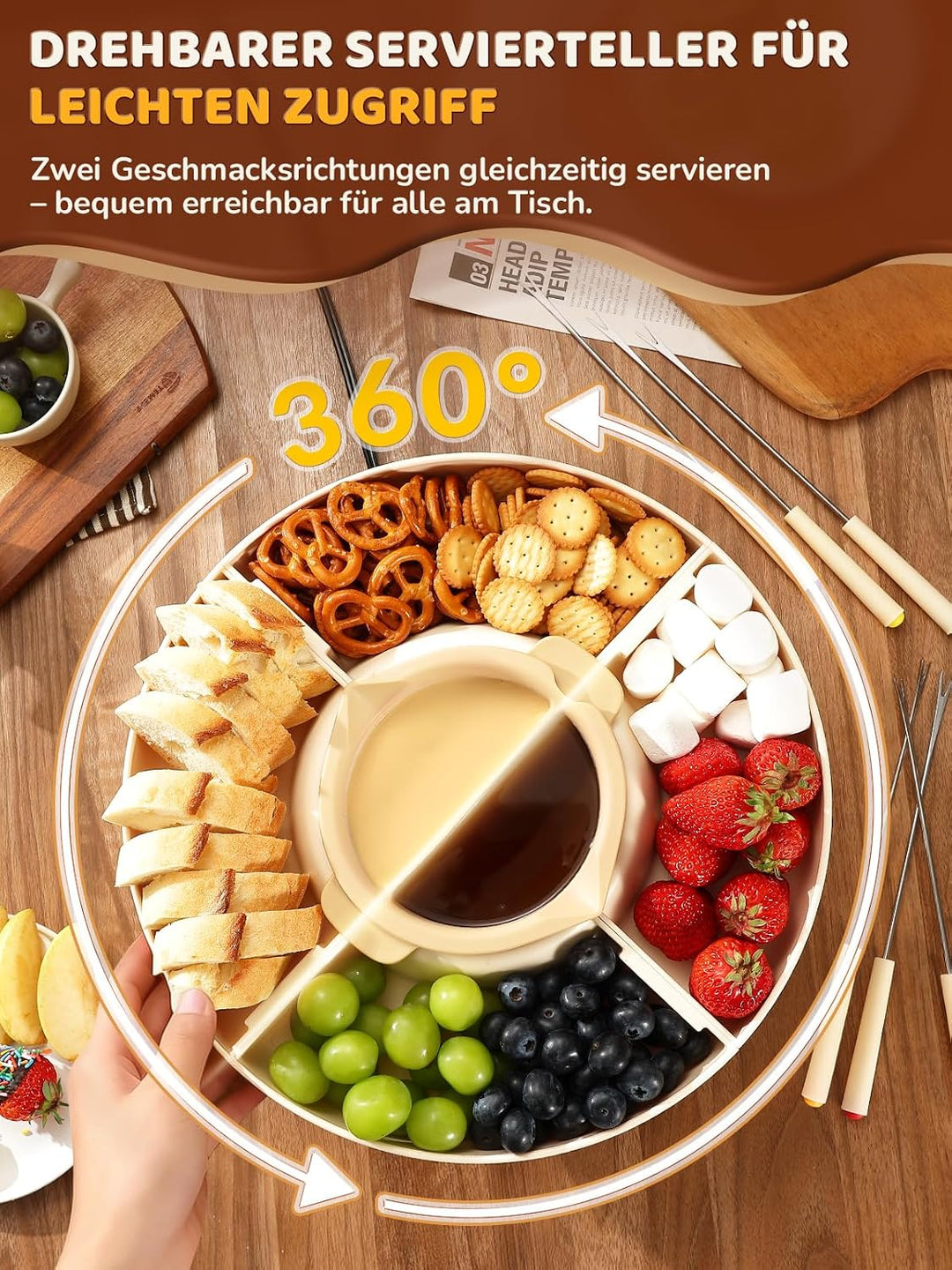 Schokofondue Set elektrisch, 800 ml Schokoladenschmelzer mit drehbarer Servierschale Fondueset, 4 Fä