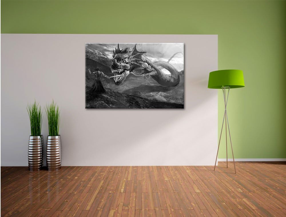 Pixxprint Drache kämpft gegen Krieger / 100x70cm Leinwandbild bespannt auf Holzrahmen/Wandbild Kunst