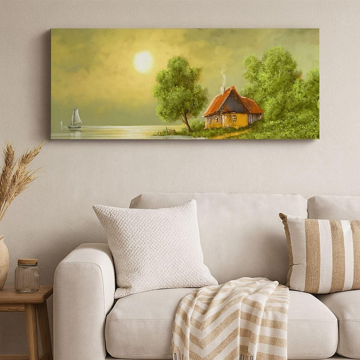 Wandbilder Dekoration Wohnzimmer Boot Wasser Hütte Panorama Bilder auf Leinwand 120x50cm Leinwandbil