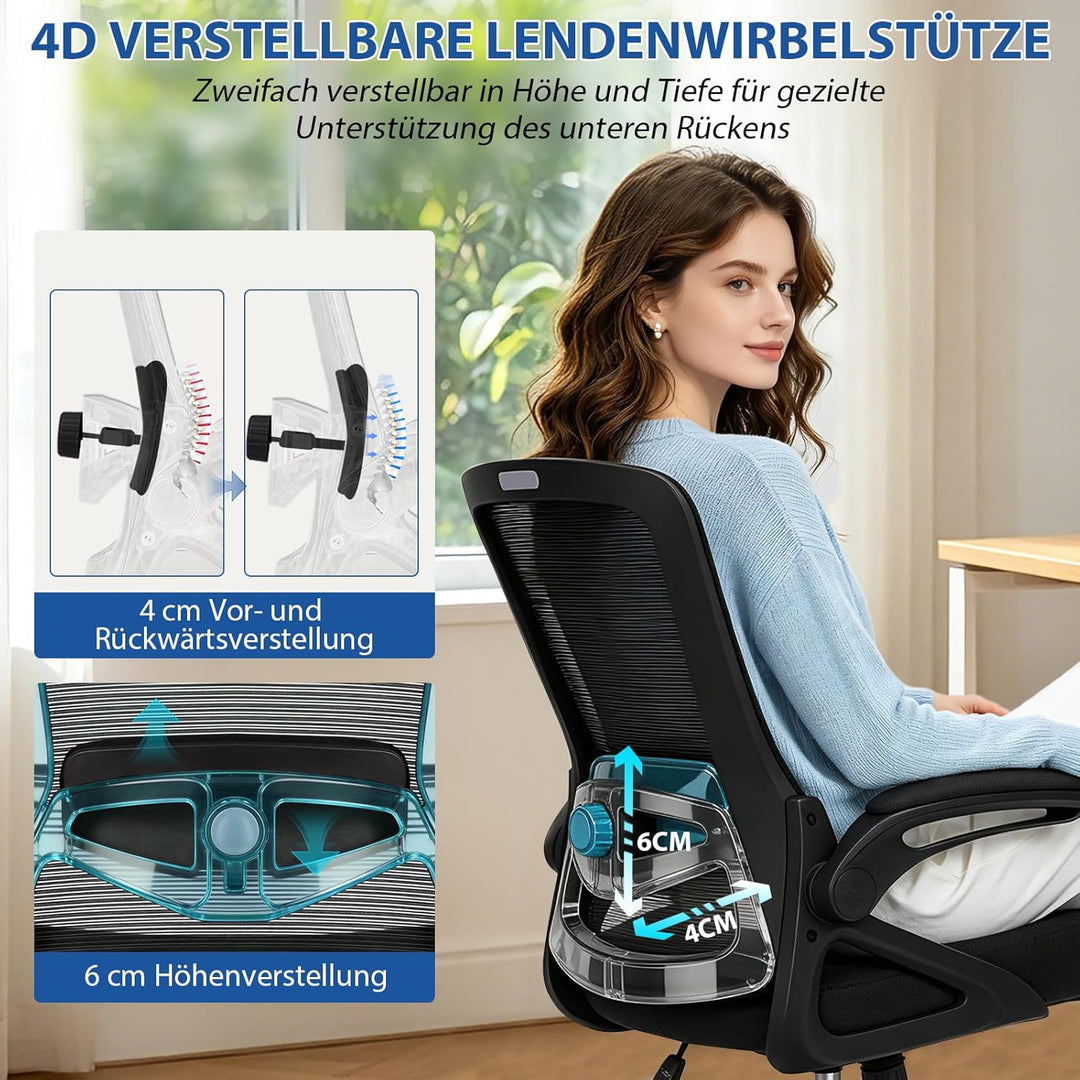 Bürostuhl Ergonomisch, Schreibtischstuhl mit Verstellbarer 4D Lendenwirbelstütze, Drehstuhl mit Klap