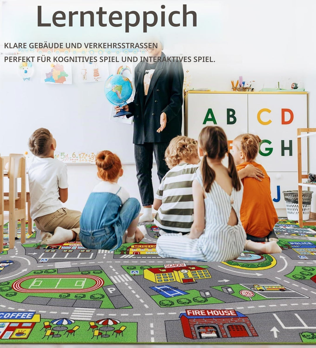 Capslpad Autoteppich Kinder 200x300cm rutschfest Kinderteppich Stadtplan Interaktiver Spielteppich W
