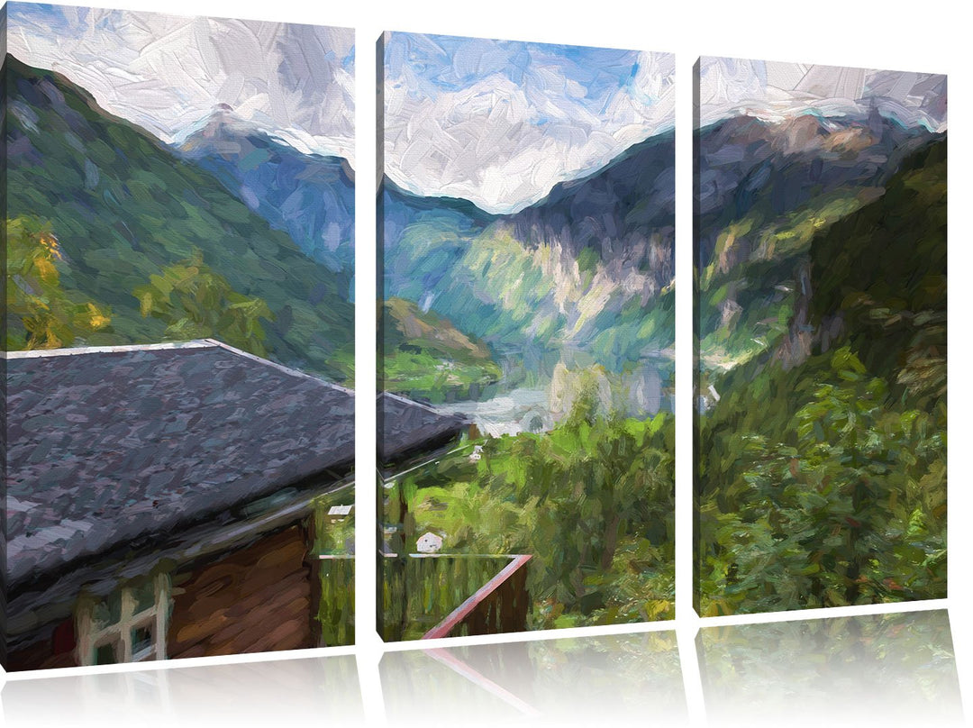 Pixxprint Hütte in Umgebung als Leinwandbild | Grösse: 3 Teilig (120x80) | Wandbild| Kunstdruck | fe