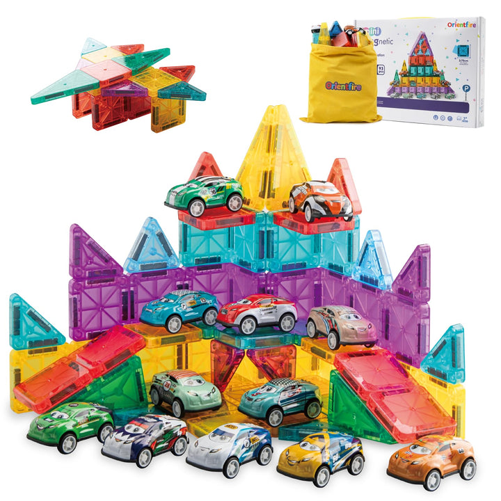 93 PCS Magnetic Tiles Mini Magnetic Building Tiles with Cars, Travel Magnetic Tiles with Storage Bag