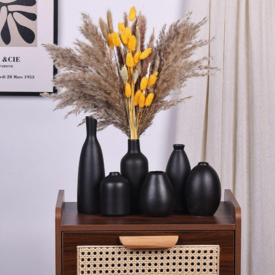 Schwarze Keramik Knospen Vasen Set von 6, Bauernhaus Dekor, Kamindekor, Kaminsims & Regal Dekor, Hei
