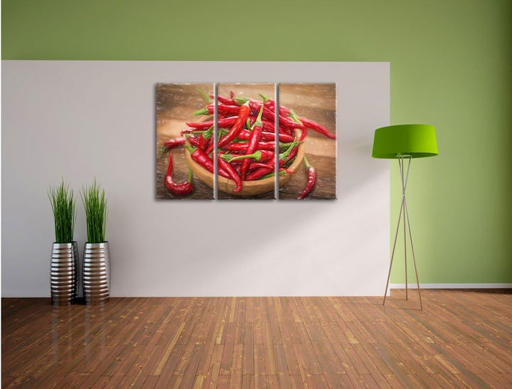 Pixxprint Scharfe Chilishoten Bunstift Effekt 3-Teiler Leinwandbild 120x80 Bild auf Leinwand