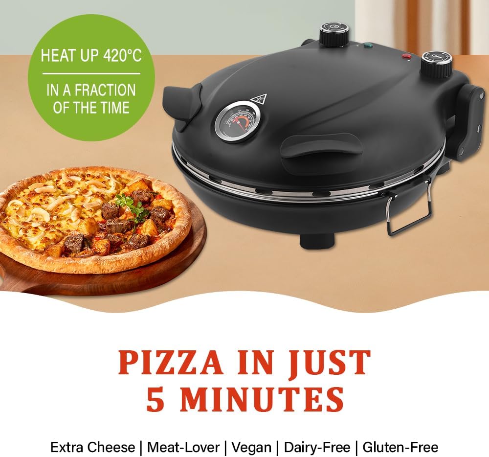 Pizzaofen Elektrisch,Pizzaofen für Zuhause mit 31cm Steinplatte, bis 420°C mit Pfanneneinsatz, 2x Pi