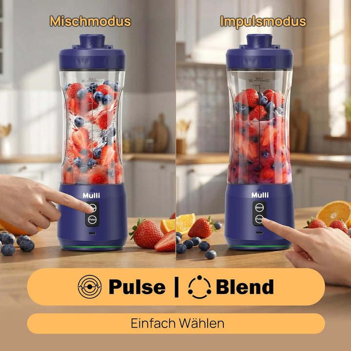 Mulli tragbarer Mixer, kabelloser 600ml Mixbecher für Shakes und Smoothies, persönlicher Mixer, BPA-